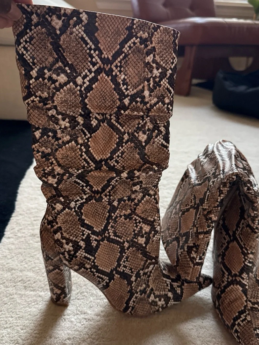 Women's Over-the-Knee Pointed Toe Snake-Print Boots in Brown